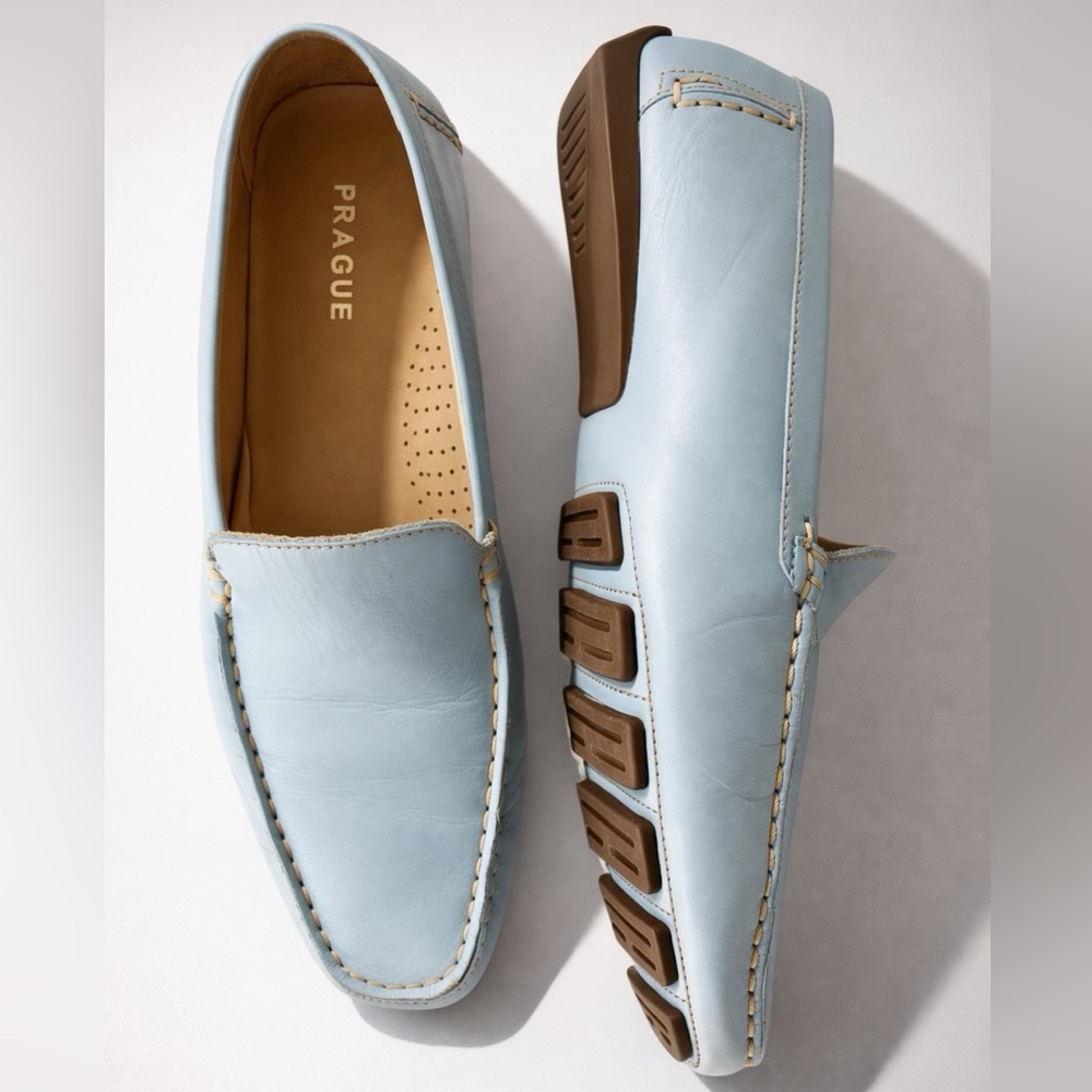 Prague Brazil Leather Loafers, Light Blue, rubber driving sole, 36, like new